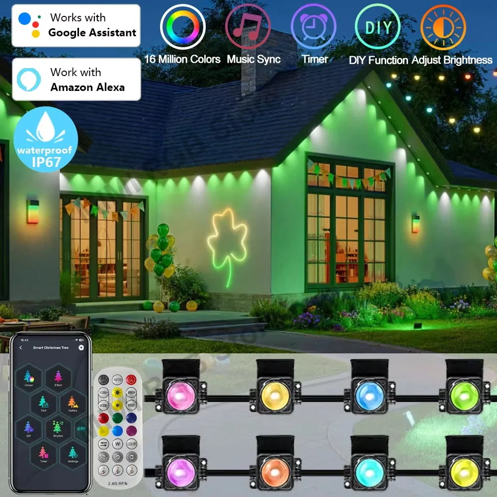 Smart Eaves Lights 60M 120LEDs Permanent Outdoor Lighting for Holidays APP Voice Control Music Sync IP65 Waterproof