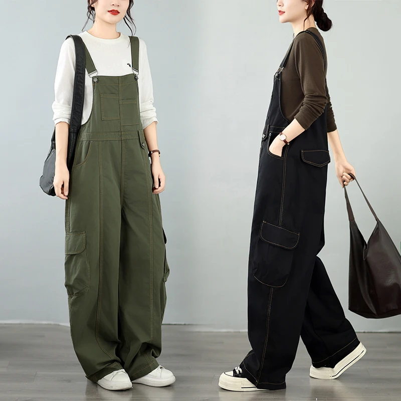 Spring Autumn Loose Slimming Utility Overalls Women's Long Pants One-Piece plus Size Pure Color Slimming Buckle Casual Cotton...