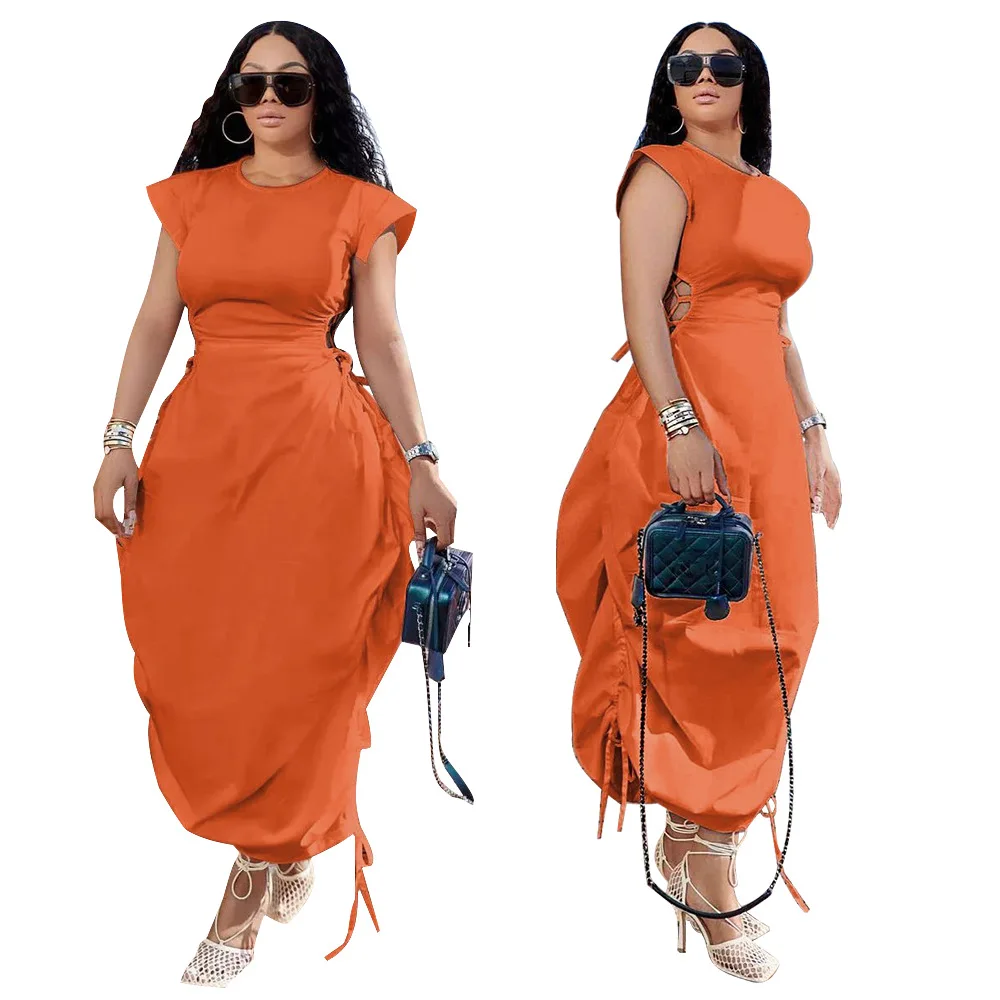 

Dress Women Long Dresses Maxi Loose Short Sleeve Vestidos Streetwear Elegant Party Y2k Drawstring High Waist Club Work White