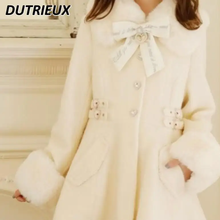 Japanese Autumn Winter New Fur Collar Removable Mass-produced Bow Woolen Coat Sweet Cute Waist Long Sleeve Mid-length Jacket