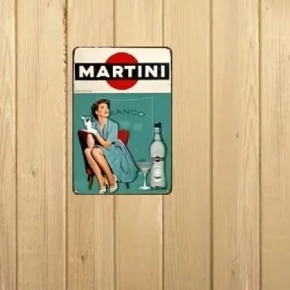 

Ретро светло-голубой настенный декор Essential - винтажный коктейль Мартини Pin-Up Girl жестяная вывеска | Классический дизайн коктейля