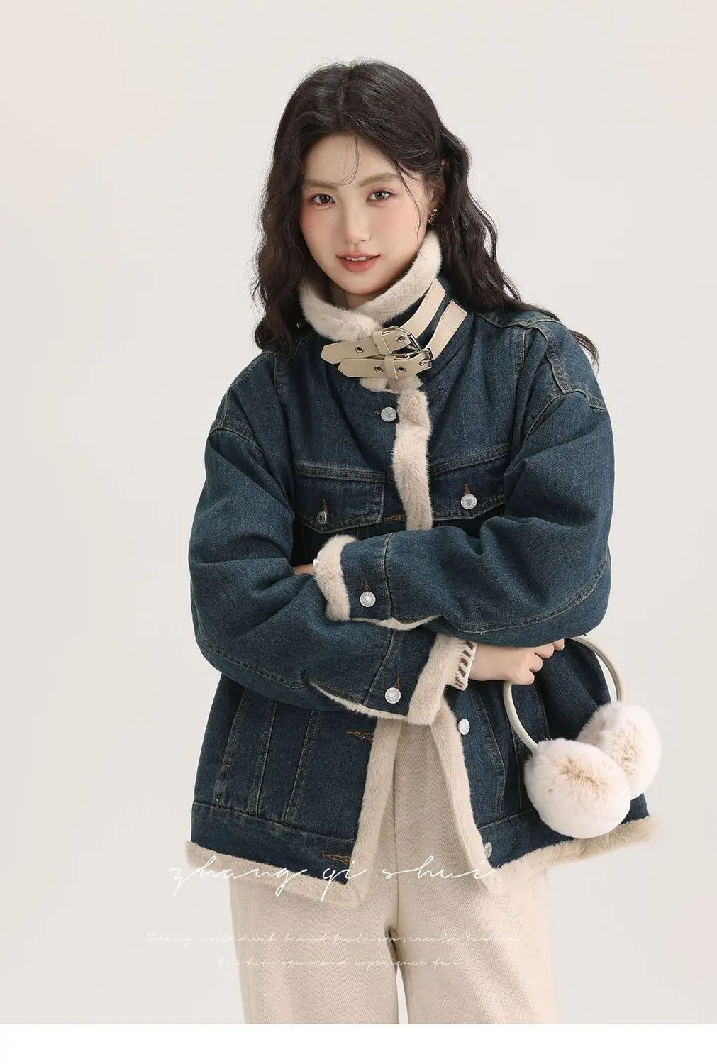 

Джинсовое пальто в стиле хип-хоп, меховое плюшевое женское зимнее пальто стандартного кроя, милое, крутое, для девочек, для колледжа, софтшелл, с защитой от запаха, стеганое, на пуговицах, OL