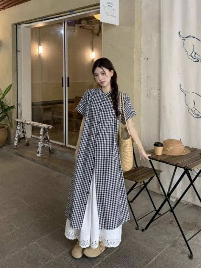 Doce em camadas conjunto de roupas femininas verão xadrez irt dr renda f saia coreano sle commute saia linha a ort sve