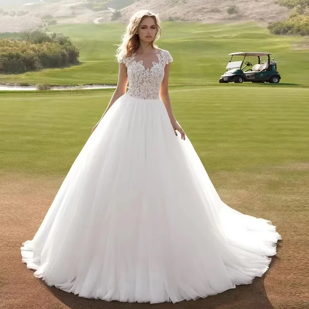 Customized Ball Gown Wedding Dress For Woman Bride Court Train Tulle Lace Formal Occasion Robe Bridal Gown