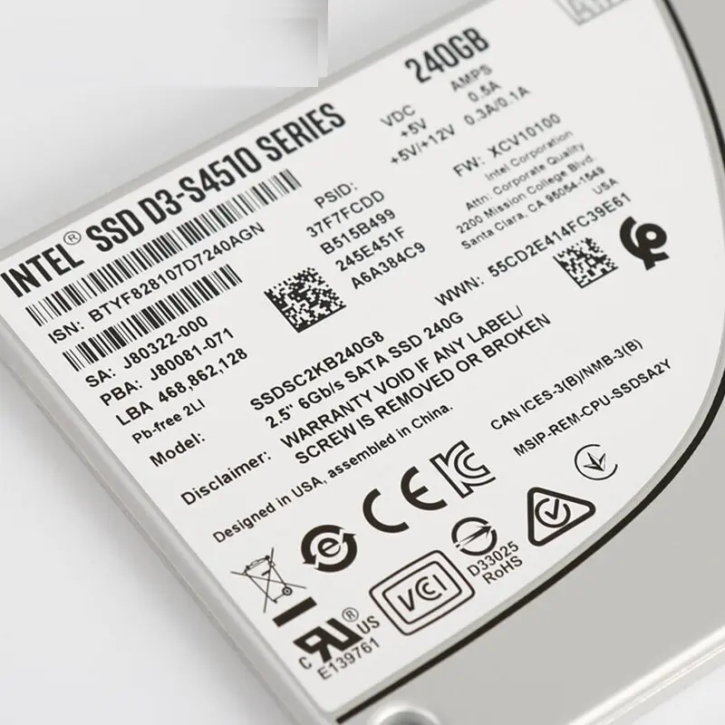 Used D3-S4510 Series 240GB SATA 6Gb/s 2.5-inch Enterprise SSD SATA III Internal Solid State Drive For Intel