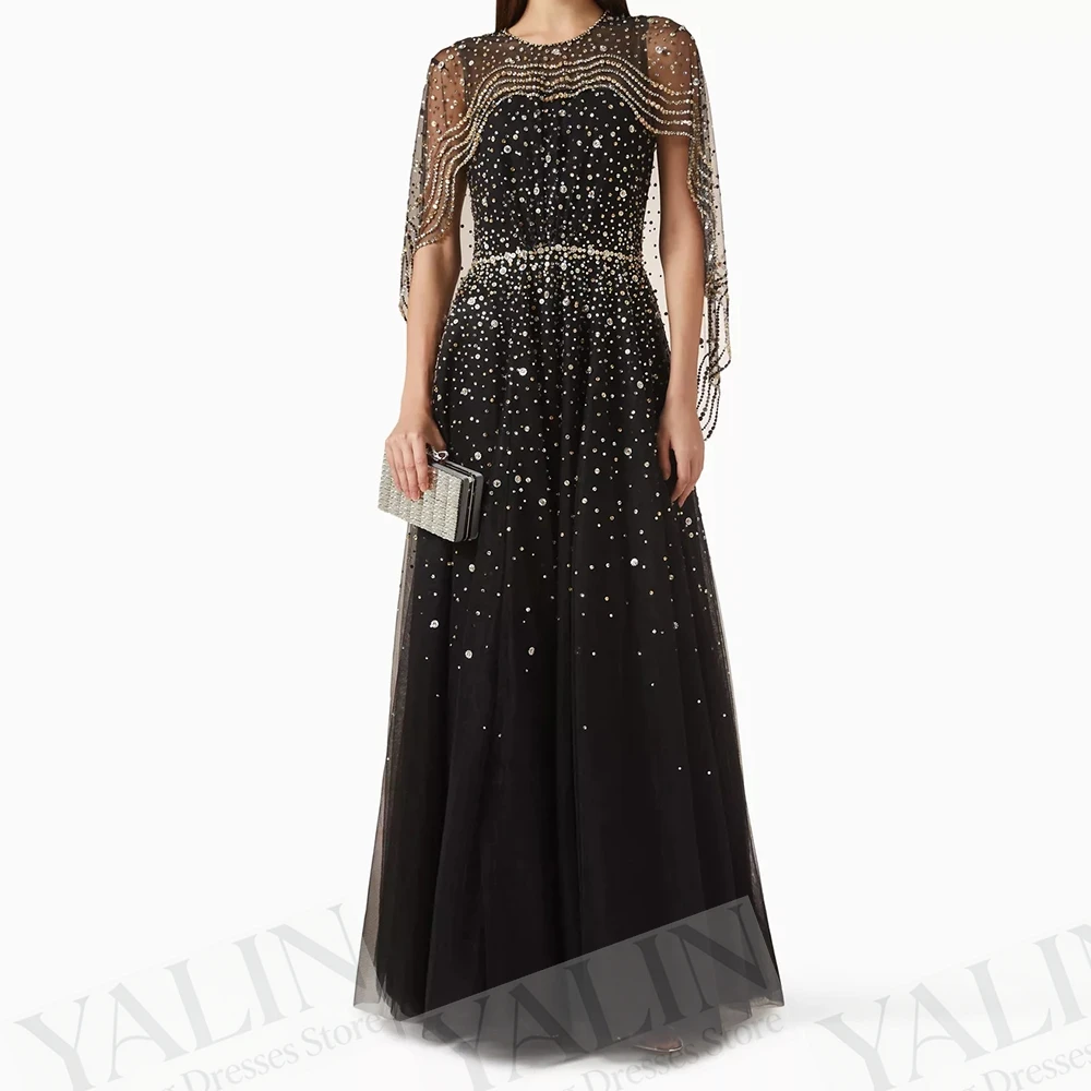 

Women's A-line Evening Dresses Floor-length O-neck Sleeveless Prom Dresses Fashion Crystal Stole Simple Draped Customized Gowns