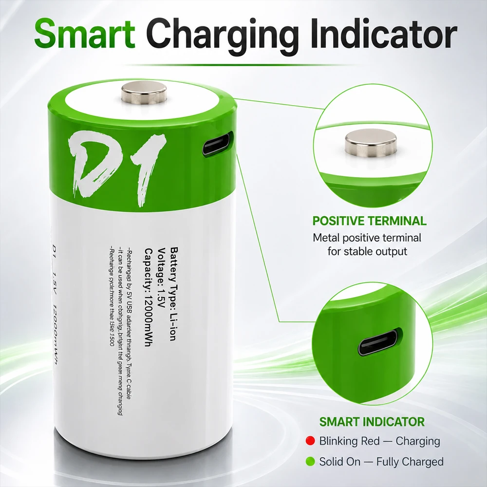 R20 1.5V 12000mWh USB Rechargeable Li-ion Battery D Size with Type-C Cable for Flashlight Gas Appliances LR20