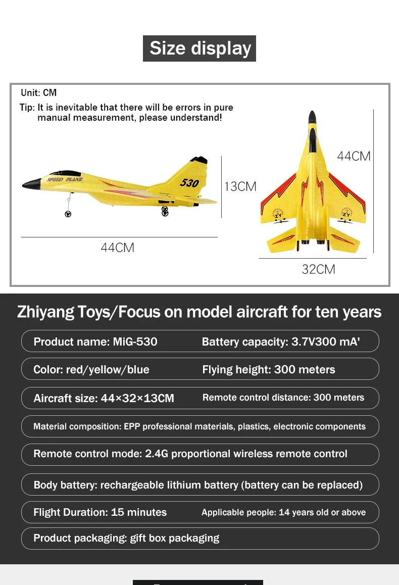 Zhiyang aeronave de controle remoto, tamanho médio brinquedo modelo infantil, Mig 530, planador lutador, asa fixa