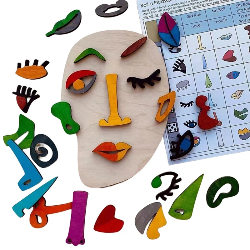 Wooden Montessori Puzzles, 26 Part Picasso Modern Art Puzzle, Colored Face Art Educational Stem Toy -Wooden Toddler Easy Install