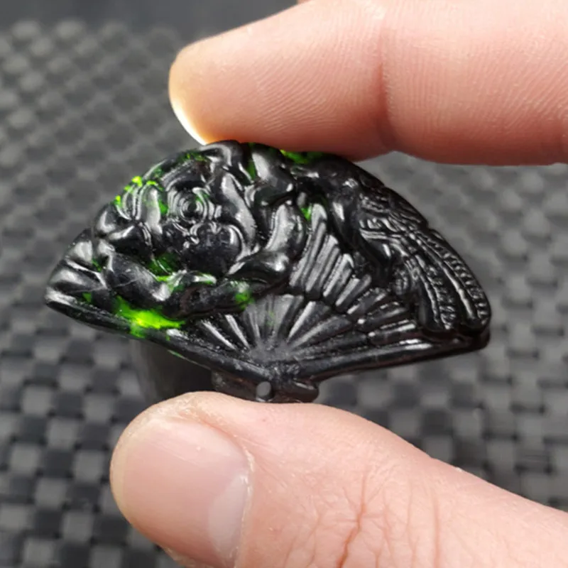 Natural Chinese White Hand Carved Fan Pendant Fashion Boutique Jewelry Men's and Women's Magpie Peony Necklace Popular Gifts