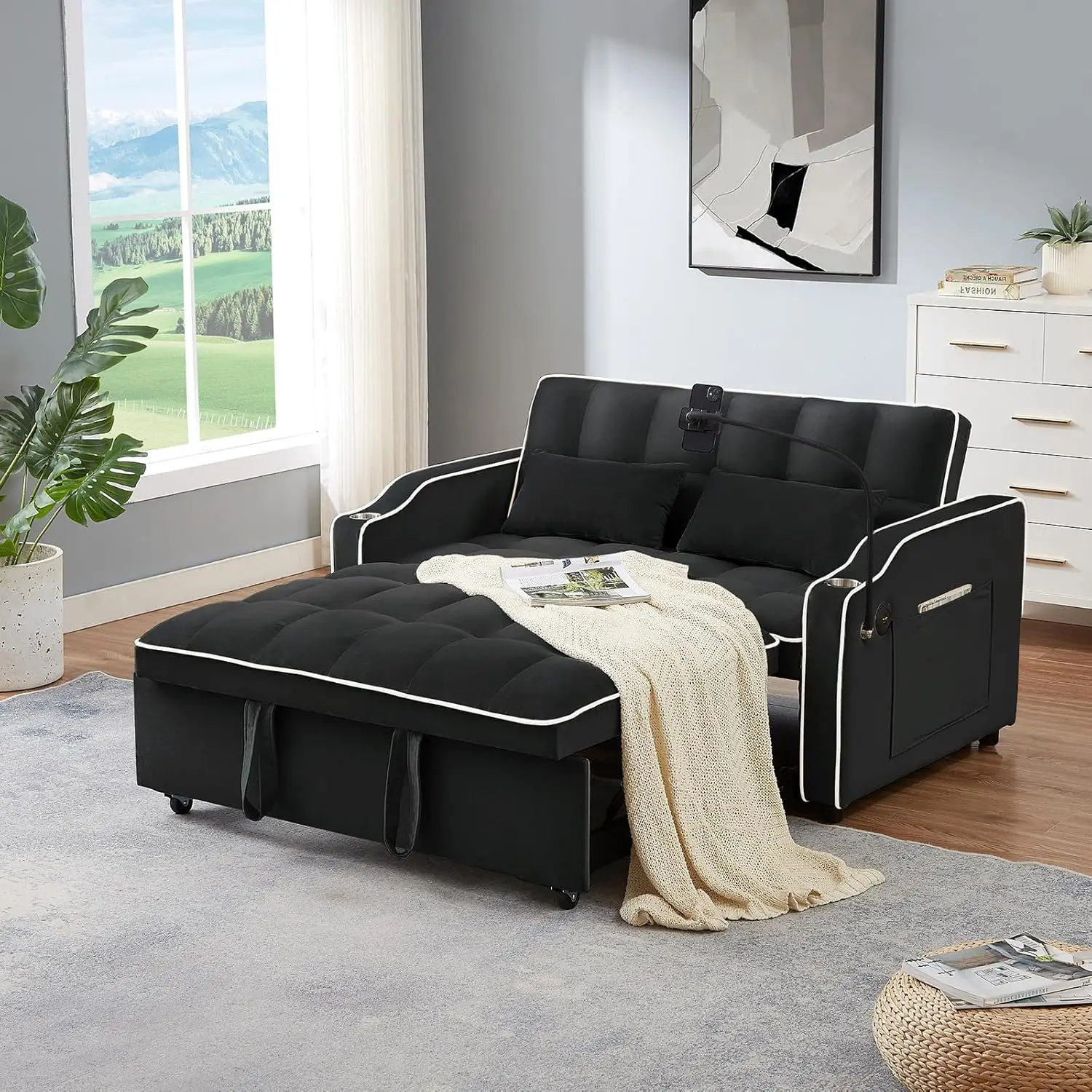 3-in-1 slaapbank met converteerbare slaapbank, fluwelen uittrekbare slaapbank met USB en type C-poort, comfortabele futon loveseat met verstelbare rugleuning telefoon