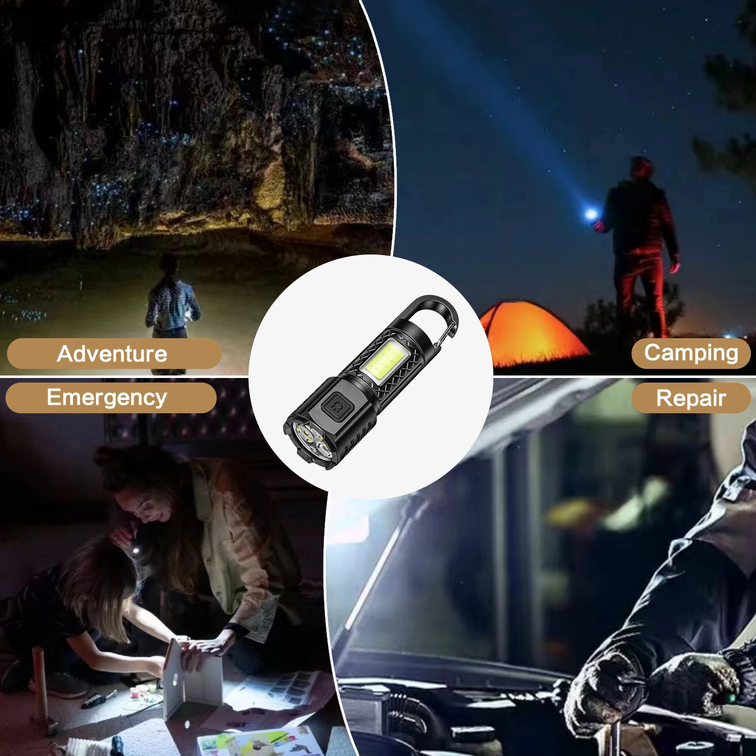 Mini LED Flashlight Strong Light Highlight Hand Torch COB Side Lights Hook Type Portable Handlamp Outdoor Camping Hand Light