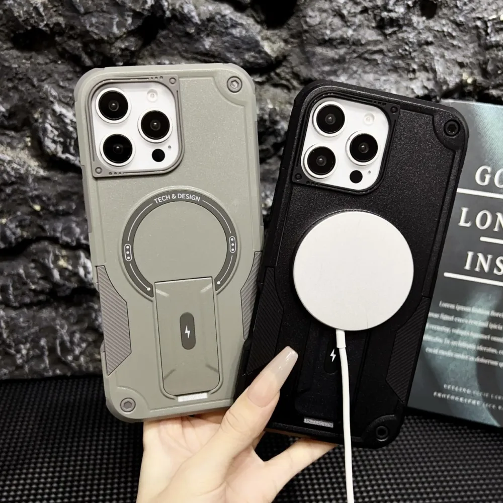 Luxury Magnetic Built-in Stand Phone Case For iPhone 14 16 17 13 11 12 15 Pro Max Air Shockproof Kickstand For Magsafe PC Cover