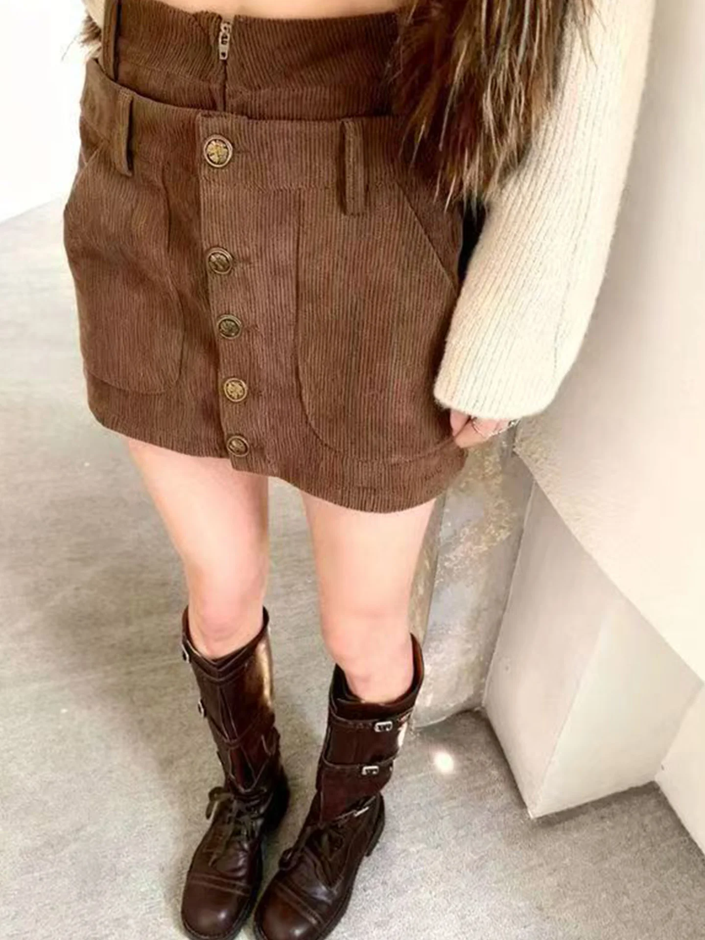 

Юбка-карго из вельвета с высокой талией для женщин, с пуговицами, стройнящая, модная, корейский А-силуэт