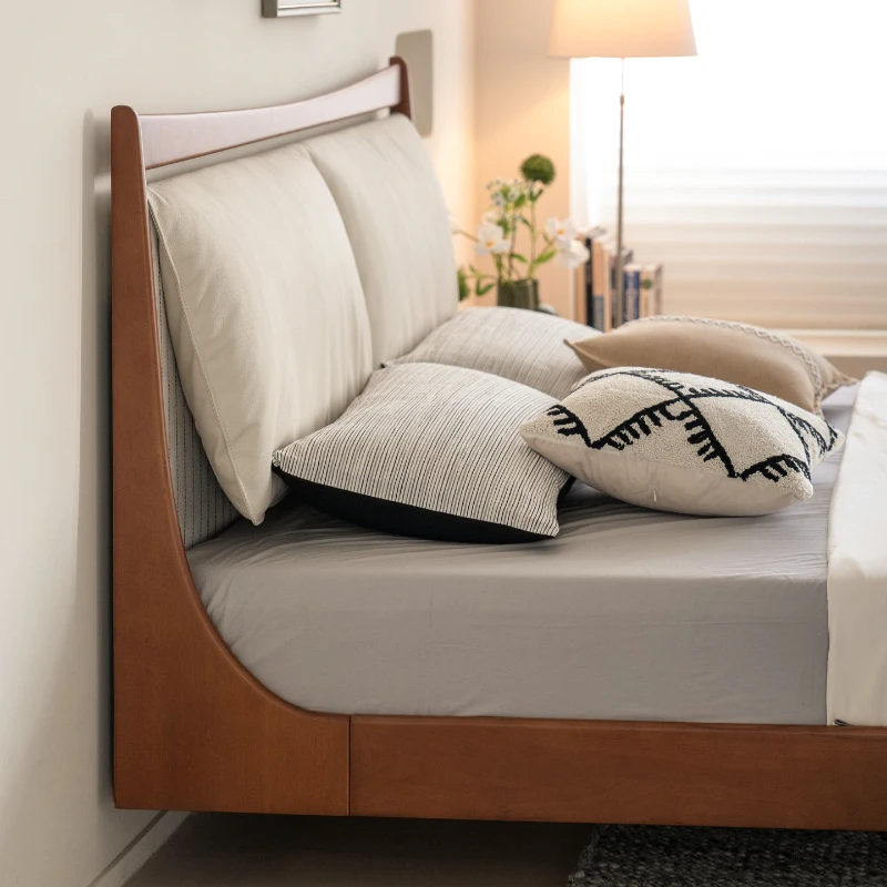 

All solid wood suspended leather bed retro small apartment simple modern master bedroom double bed rack