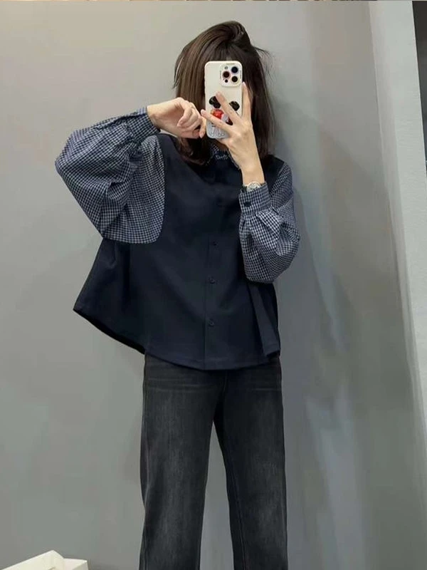 

plus Size Women's Casual Striped Patchwork Long Sleeve Shirt Spring Autumn Loose Fit Versatile Top Trendy Korean Style