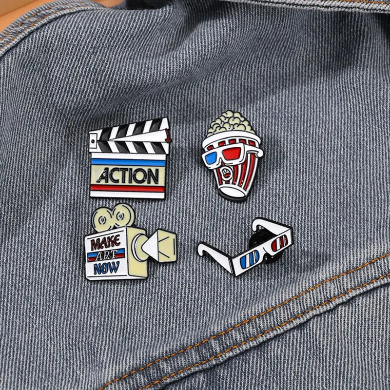 4Pcs/Set Statement Cinema Theme Collection Pins Projector Popcorn 3D Glasses Clapperboard Shaped Enamel Brooches Freeshipping