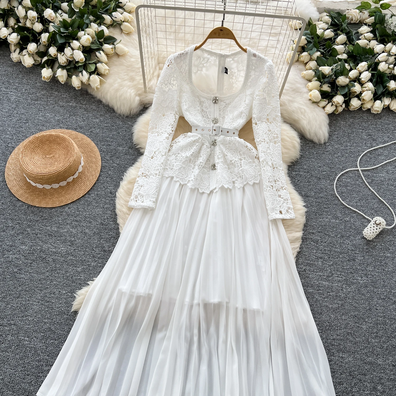 Elegant Hollow Out Hook Flower Vintage Square Collar Embroidered Slim Dresses French Fashion Evening High Street Autumn Clothing