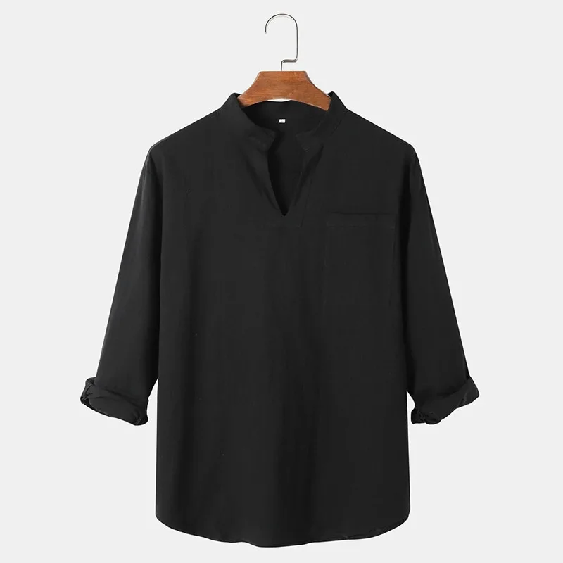 

Мужская повседневная хлопково-льняная рубашка с длинным рукавом, V-образным вырезом, свободного кроя, модная, удобная, дышащая, модная, комфортная, дышащая, размер M