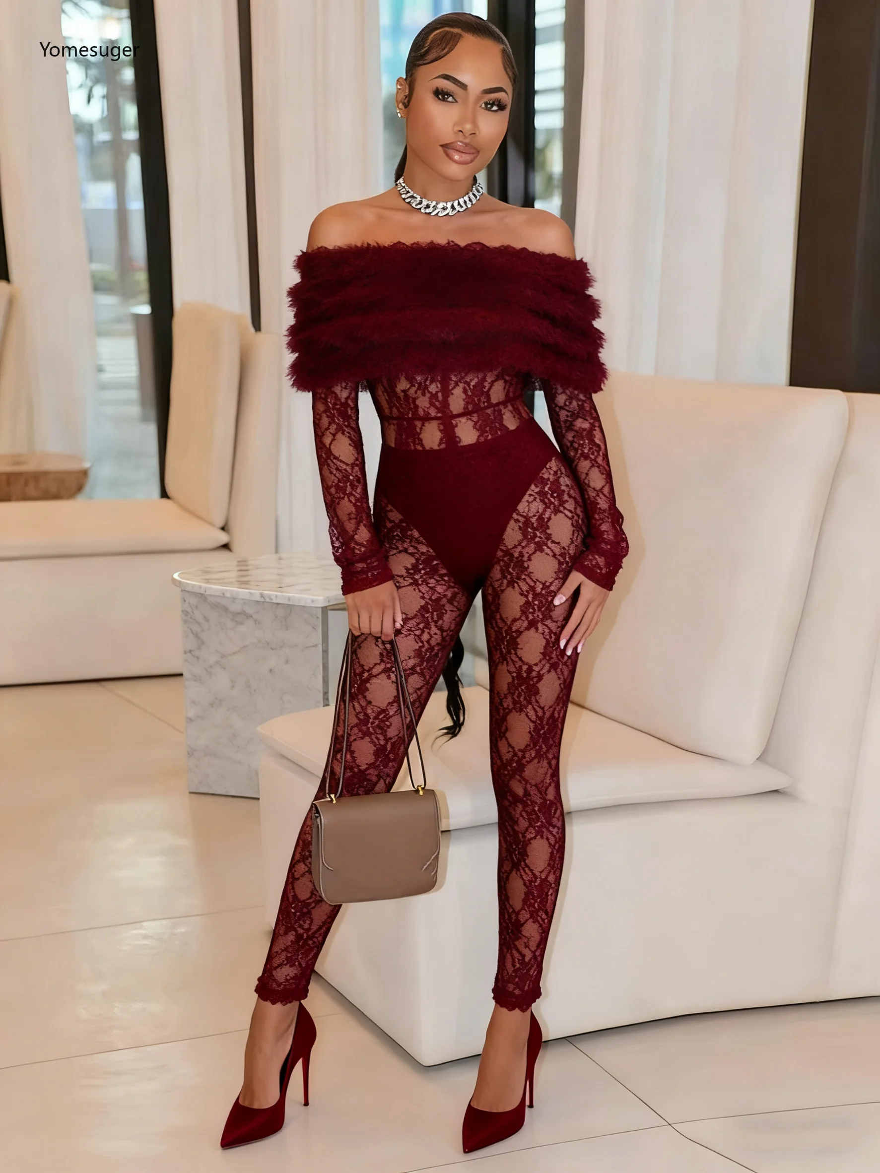 

Yomesugar Furry Patchwork Jacquard Lace Jumpsuits Women Sexy See Through Slash Neck Full Sleeve Skinny Rompers Coquette Clubwear