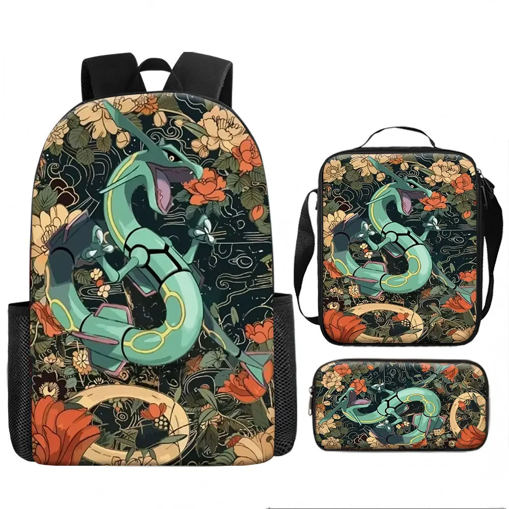Kids Bag, Pokemon Anime, 3pcs Backpack Set Rayquaza Dragon Flying Powerful Serpent Floral Pattern Vintage Japanese Ukiyo-e St