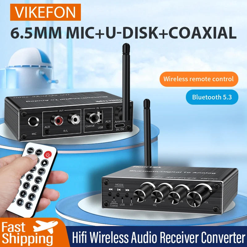 VIKEFON Bluetooth 5.3 Audio Receiver+Coaxial DAC Converter+USB U-Disk Play+6.5 Micrphone Karaoke Wireless Adapter 3.5MM AUX RCA