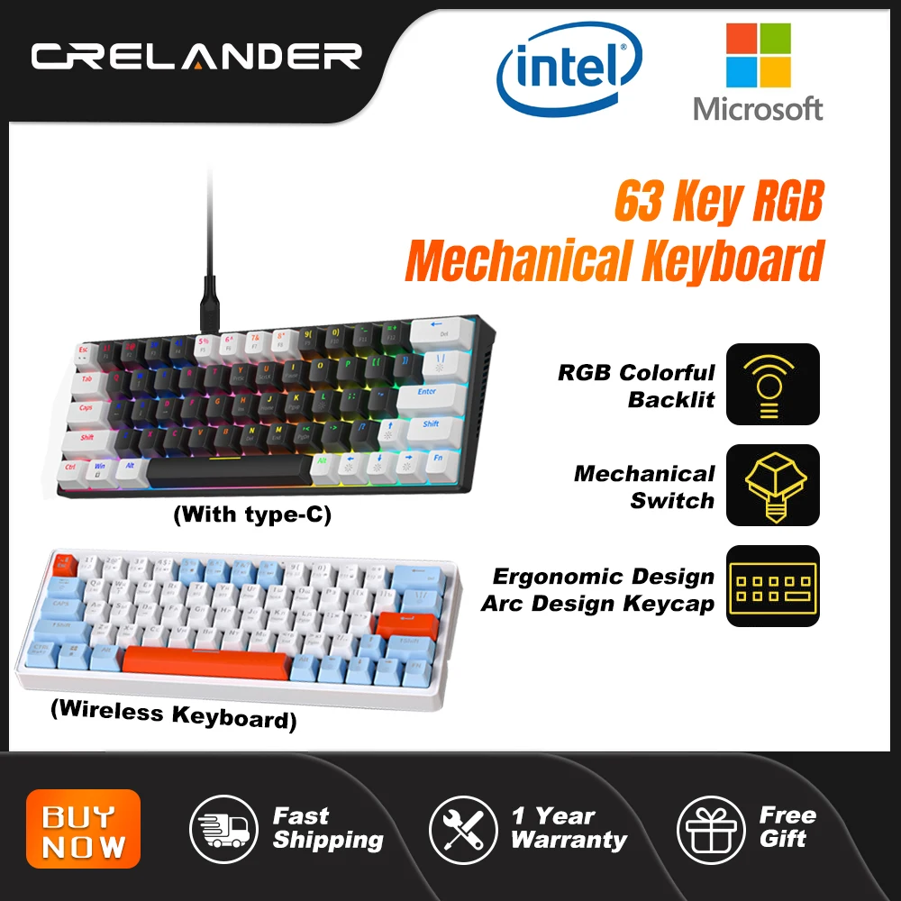 

Механическая клавиатура ZA646, игровая клавиатура с 63 клавишами RGB, разные цвета, для ноутбука, киберспорта, 2,4 ГГц, Беспроводная Bluetooth клавиатура