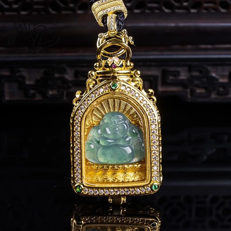 

Natural Burma Emerald Inlaid Golden Buddha Pendant 925 Silver Necklace Jadeite Amulet Fashion Jewelry Gifts Women