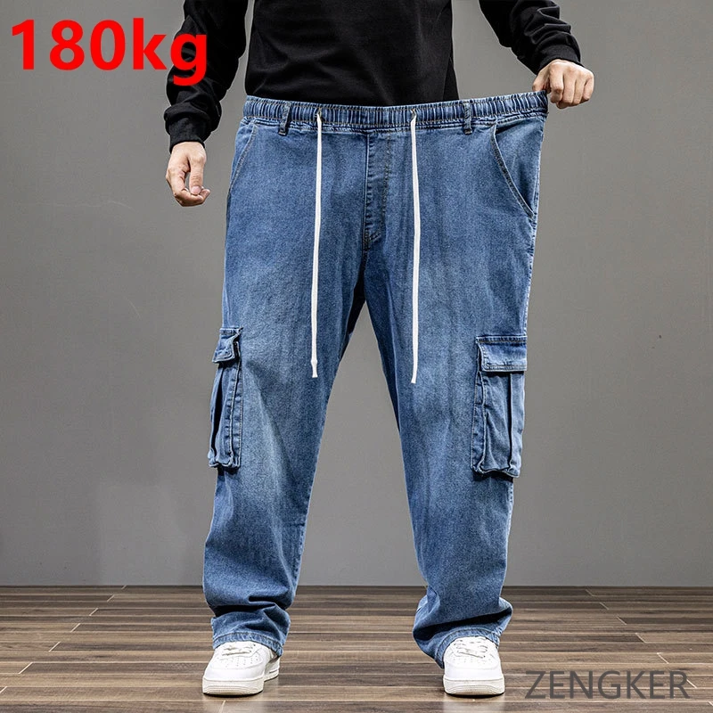 Extra Large Fit Plus Size Men's Deep Rise Stretch Jeans Multi Pocket Workwear Straight Leg baggy jeans 180kg wide leg jeans