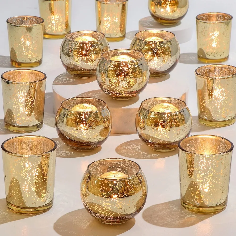 24 Uds. Candelabros votivos dorados surtidos, candelabro de cristal de mercurio, decoraciones de diwali, centros de mesa de boda dorados para mesas