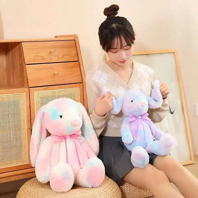 Conejito de Pascua relleno con orejas largas y disquete, juguete de peluche de conejo teñido anudado colorido para dormir, peluche de conejo colorido súper suave