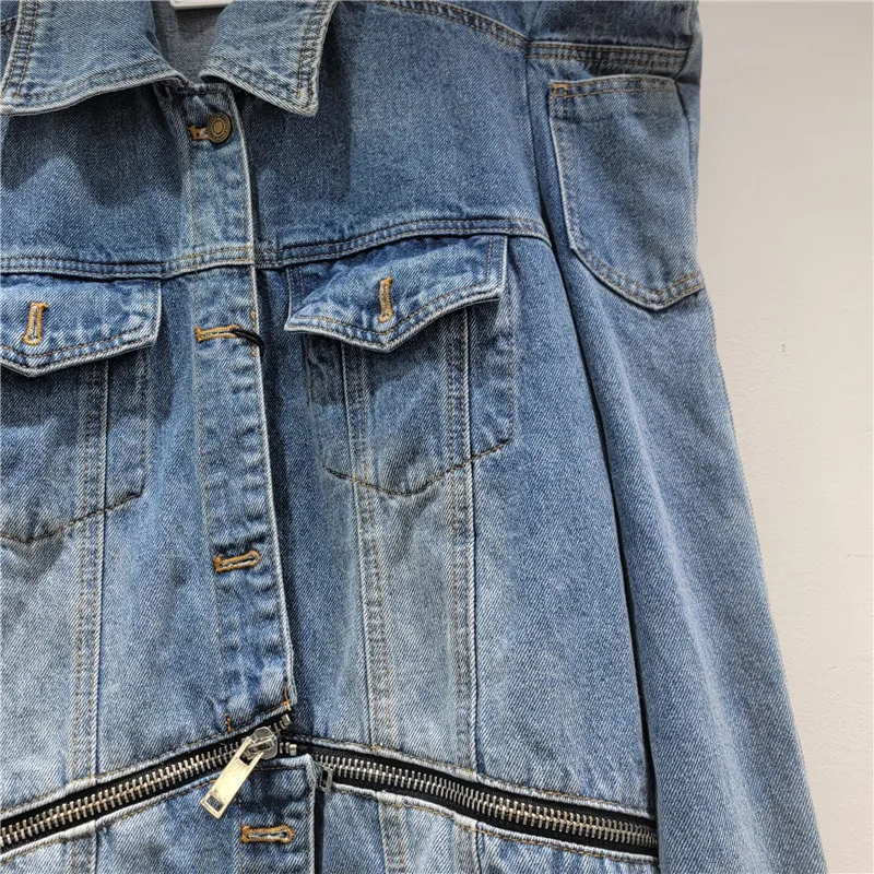 Niche Design Heavy Craft Denim Jacket for Women with Right Angle Shoulder Zipper Trendy, European American Style Women's Jacket