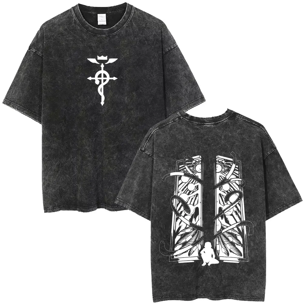 Gewaschenes Vintage Anime Fullmetal Alchemist Edward Elric und Alphonse Elric Merch T-Shirt für Herren und Damen Manga Lässiges Oversized T-Shirt – Detail 3