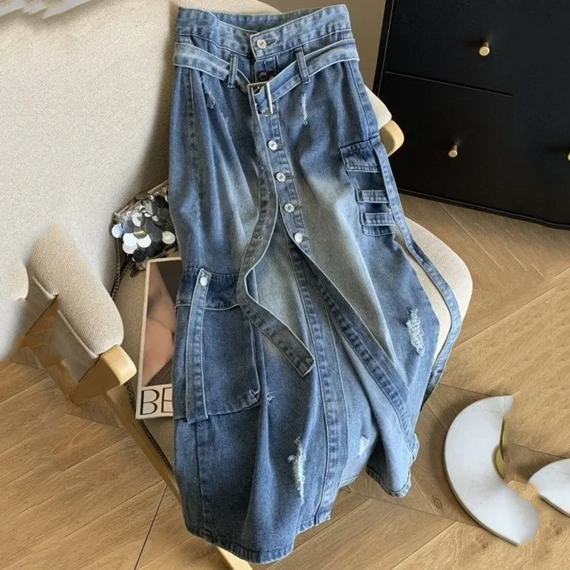 Broken Hole Denim Skirt loose Workwear Denim Skirt Summer New Versatile Denim Skirt Women's High Waisted Slim Mid length Skirt