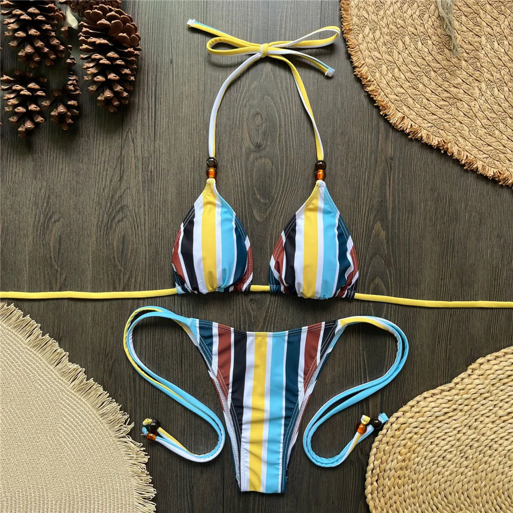 Sexy Bead String Halter Triangle Bikinis Sets Color Striped Swimwear Micro Thong Sexy Swimsuit Women 2026 Bikini Femmes Biquinis