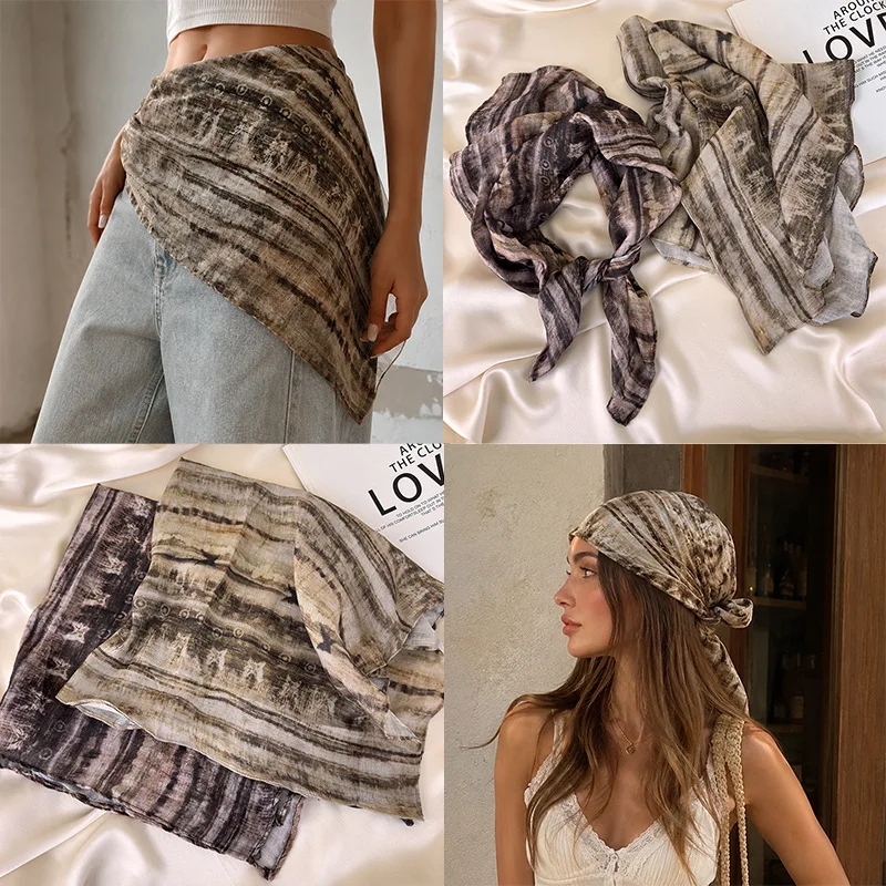 Square Scarf Wasteland Style Ombre Stripe Chiffon Medium Lightweight Multicolor Women Bandeau Head Wrap Hairband Retro