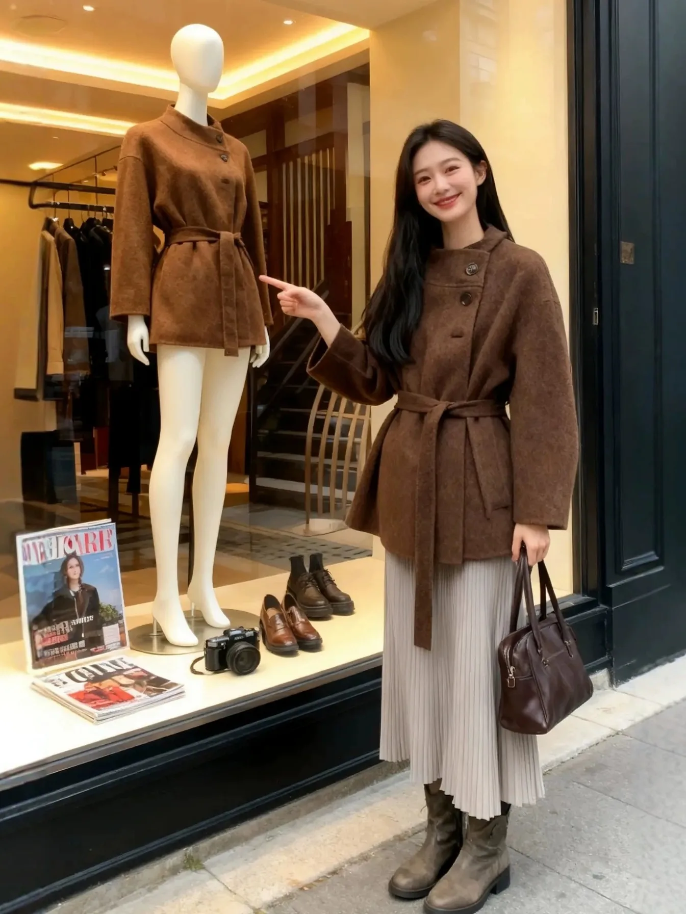 

Коричневое шерстяное пальто с воротником-стойкой для женщин, осенне-зимнее, больших размеров, красивое, свободное, модное, твидовое пальто с поясом на талии