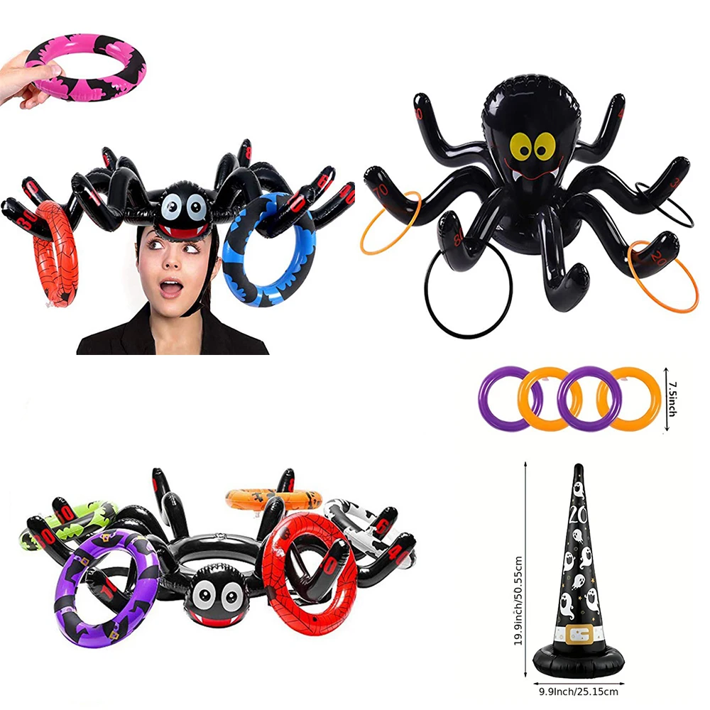 Halloween Throwing Game Inflatable Spiders Witch Hat Ring Toss Game Kids Halloween Party Decoration Indoors Outdoors Family Game