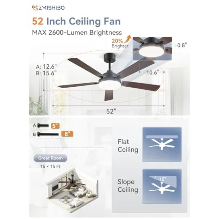 Ceiling Fan with Remote, Indoor/Outdoor Ceiling Fan with Large LED Panel, Quiet Reversible DC Motor, 6-Speed, 3000-00K Stepless