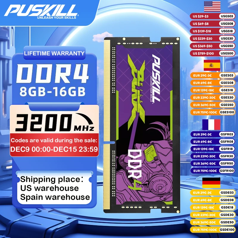 PUSKILL Killblade Memoria Notebook 32gb 16gb 8gb Ddr4 1.2V 3200mhz 2666mhz 2400mhz SODIMM Memoria RAM Memoria per laptop