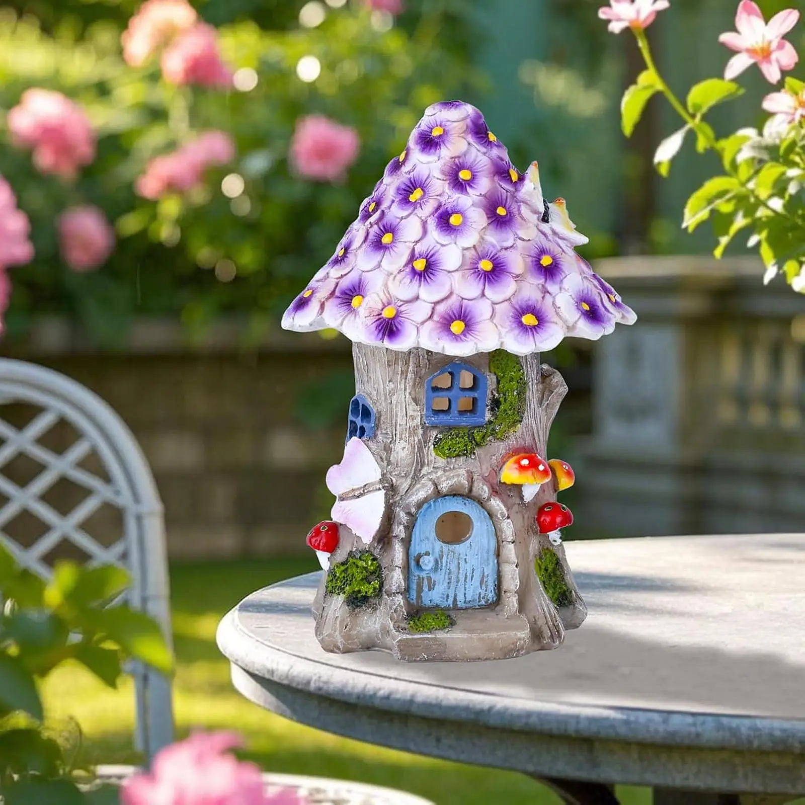 Miniature Resin House Fairy Garden Sculpture Unique Dollhouse Solar Mushroom Lights for Outdoor Backyard Garden Balcony Decor