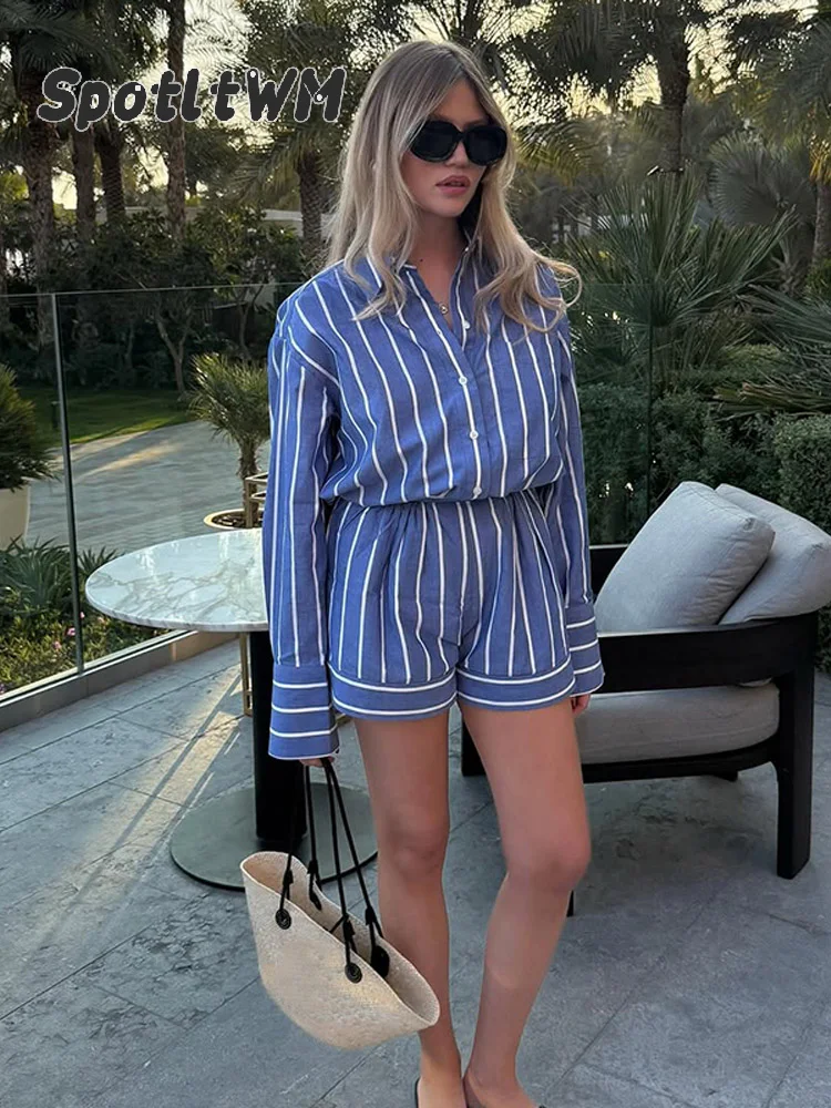 Women's Loose Blue Striped Shirt Shorts Set 2025 Lapel Long Sleeves Single Breasted Blouse High Waist Straight Leg Shorts Suit