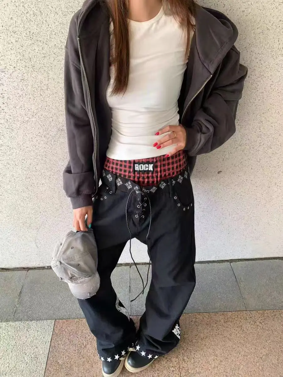 Harajuku Niche Double Waist Drawstring Scimitar Jeans Contrast Color Star Letter Printing Stacked Design Trousers Women's Pants