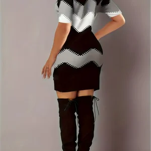 Women's dress with striped block of large color block, long sleeve, round collar, spring, summer, black style, casual, plus size 10 Main Sales Long Plus Size Dress - №6