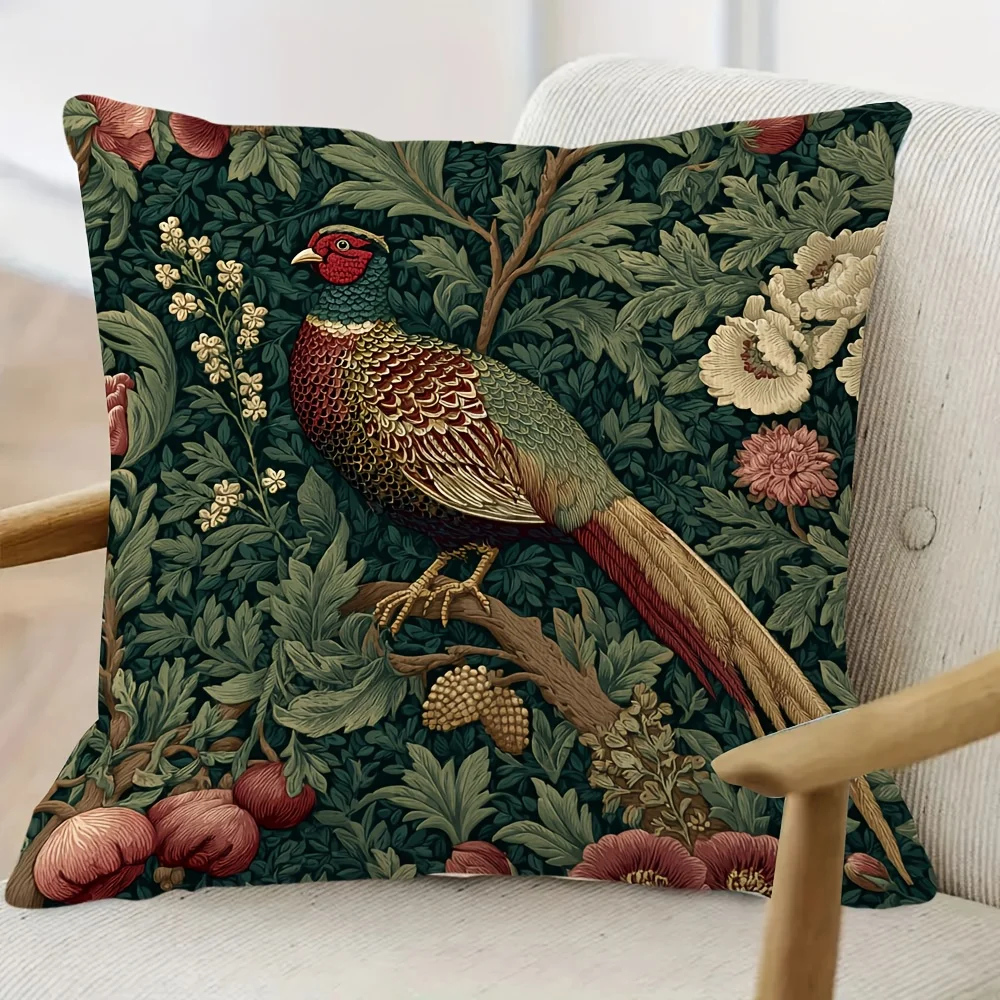 1pc William Morris Style Pheasant Pillow Cover, Polyester 2D Double-Sided Print, Rich Green Botanical Bird Design, Vintage Natur