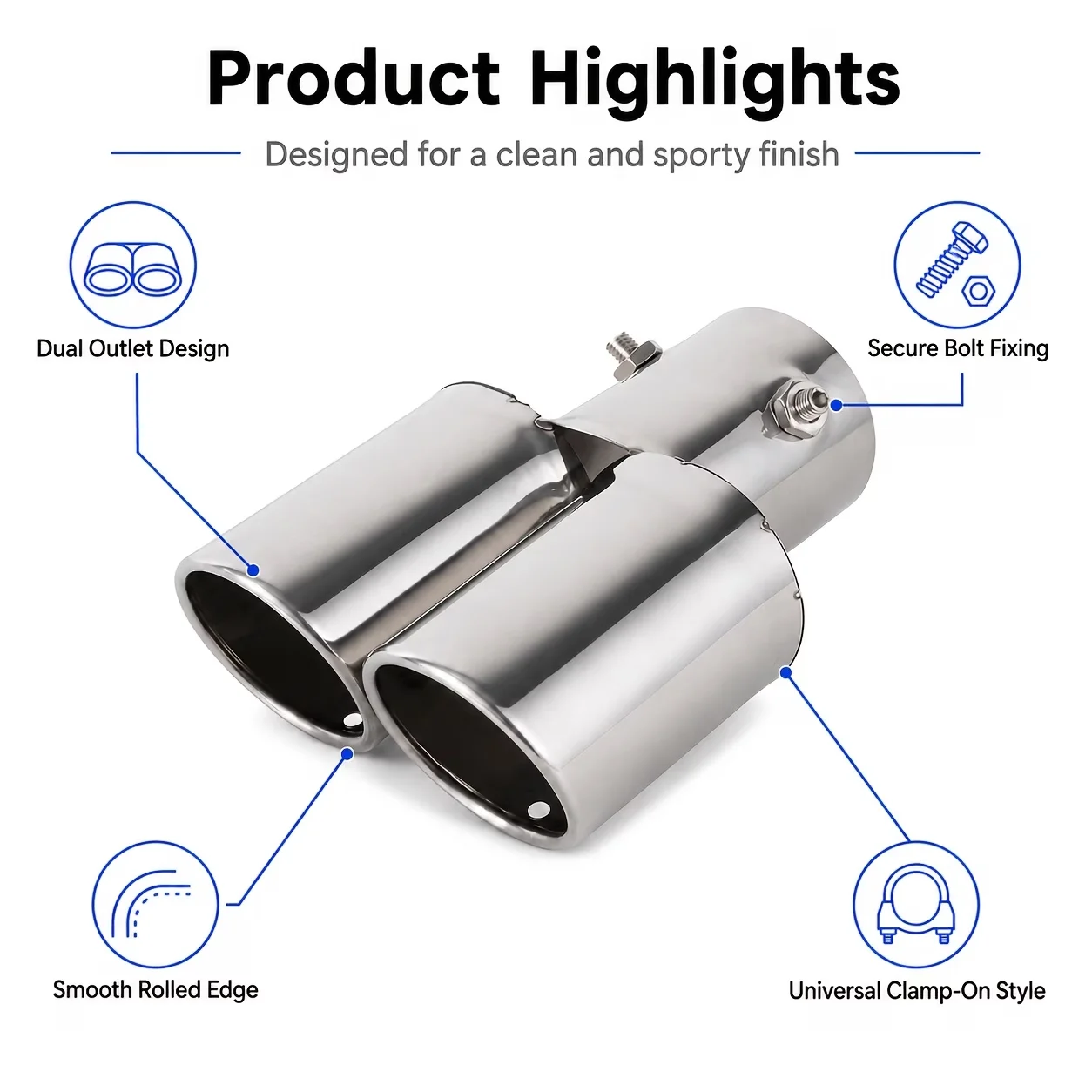Dual Exit Exhaust Tip Stainless Steel 2.5 Inch Muffler Tail Pipe Bolt On Slant Cut Universal Silver Car Outlet Baffle Finisher