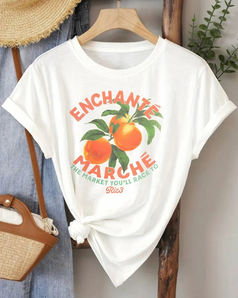 French Enchante Marche Orange Graphic T-Shirt Vintage Fruit Market Aesthetic Tee Summer Short Sleeve Casual Women Streetwear Top