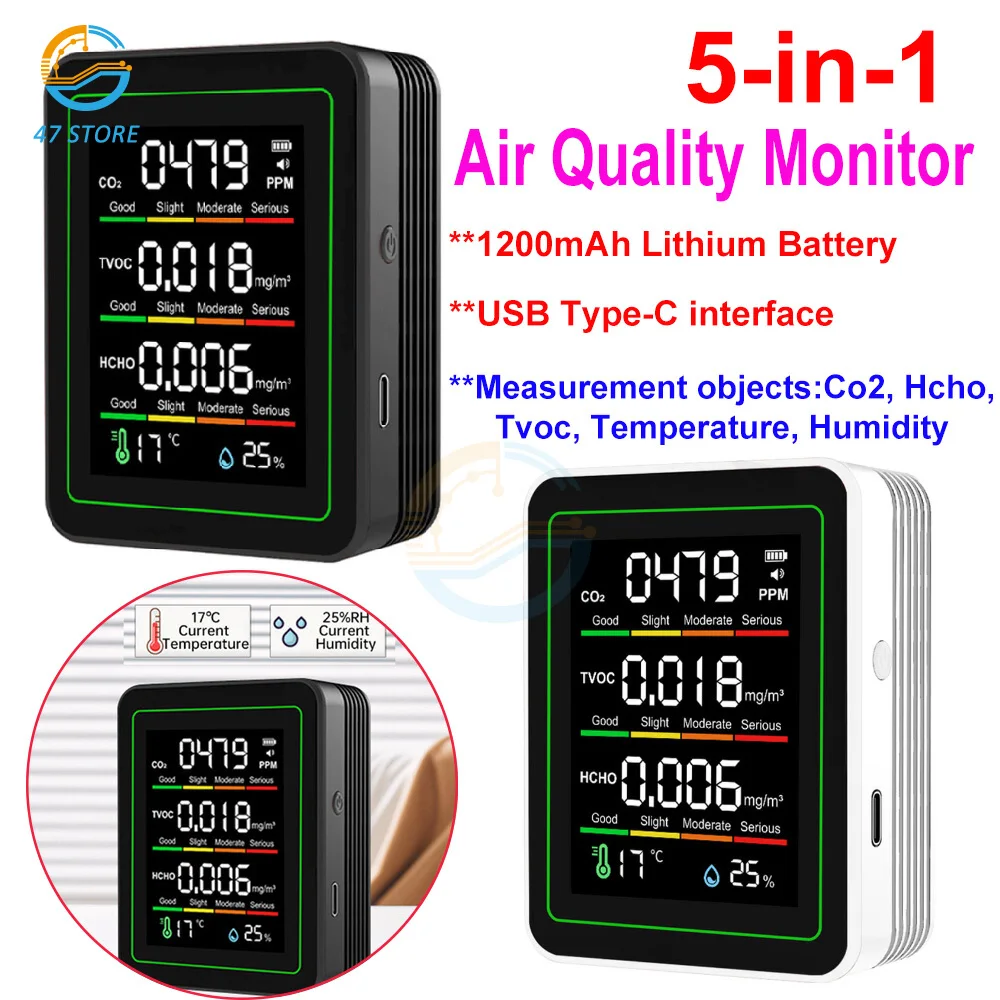 

Цифровой монитор качества воздуха 5 в 1, CO2 HCHO TVOC, монитор влажности и температуры, тестер CO2, ЖК-дисплей, тестер качества бытового воздуха