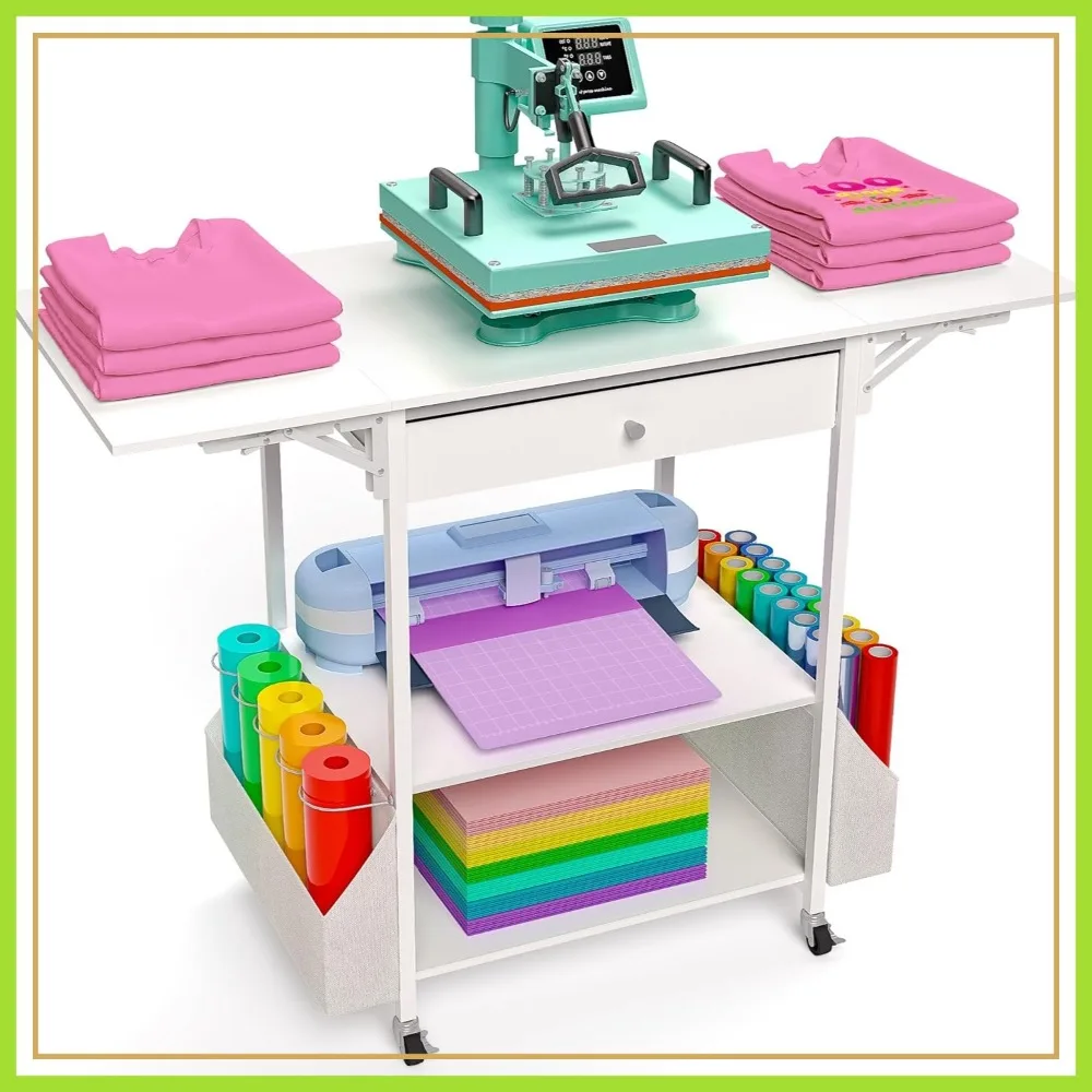 

Foldable Heat Press Table Hold 36 Vinyl Rolls, Movable Cart with Storage, Collapsible Workbench for Sublimation