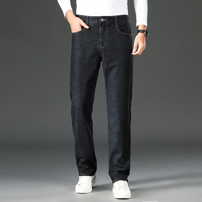 

BROWON Brand 2025 Summer Straight Jeans Male Zipper Fly Casual Thin Black Jeans Men Business Solid Color Elasticity Pant Man